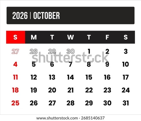 2026 (1 month october) universal calendar vector design, international format suitable for global use, modern minimal template for print and digital applications