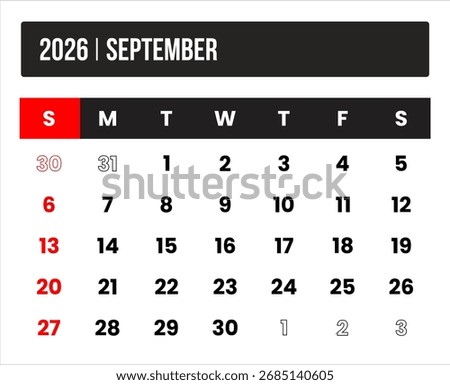 2026 (1 month september) universal calendar vector design, international format suitable for global use, modern minimal template for print and digital applications