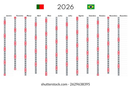 2026 Planificador de Vertical de 12 meses, Plantilla de calendario en blanco de todo el año, nombres de meses en portugués, sábado domingo dos fines de semana, fondo blanco, programador anual