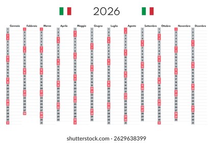 2026 12 months vertical planner, whole year blank calendar template, italian month names, saturday sunday two weekends, white background, annual scheduler