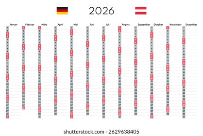 2026 12 meses planejador vertical, ano inteiro em branco calendário modelo, alemão meses nomes, sábado domingo dois fins de semana, fundo branco, programador anual