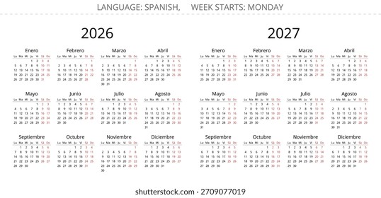 2026 und 2007 einfache spanische Kalender. Vektorgrafik für Spanien