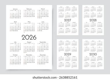 2026, 2027, 2028, 2029, 2030 years calendars. Calender templates. Organizer with 12 month in English. Week starts Sunday. Scheduler layout. Simple planner. Portrait orientation A4. Vector illustration
