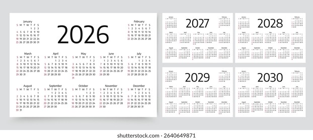 2026, 2027, 2028, 2029, 2030 calendars. Calender templates. Week starts Sunday. Desk planer grid for year. Planner layout with 12 months. Yearly diary in English. Vector illustration. Paper size A4