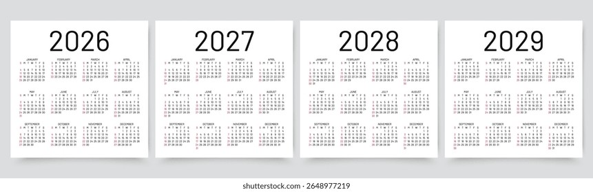 2026, 2027, 2028, 2029 calendars. Calender templates. Week starts Sunday. Desk planner layout. Yearly organizer in English. Set of grids with 12 month. Vector illustration. Square simple design.