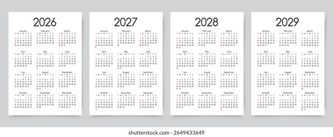 2026, 2027, 2028, 2029 calendários para o ano. Modelos de calendário. A semana começa domingo. Organizador com 12 meses em inglês. Layout do agendador. Planejador simples. Orientação retrato, A4. Ilustração vetorial