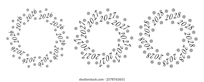 2026, 2027, 2028 Dates and snowflakes Circular Frame Border Set 3 New Year Copy space Template idea