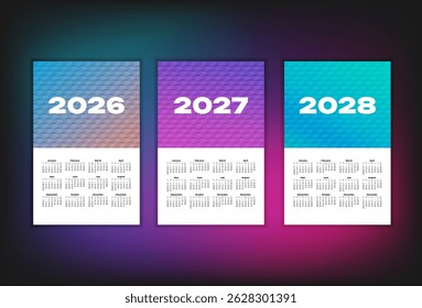 2026, 2027, 2028 vector calendar template set