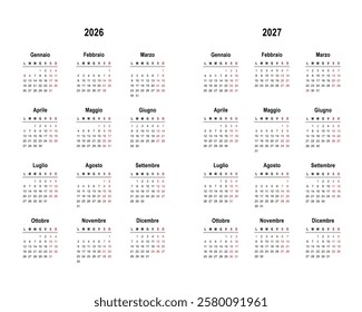 2026 and 2027 calendar minimalist on Italian language with italian holidays.  Week start on Monday. 