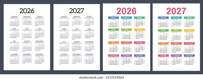 2026 and 2027 calendar set. Vector pocket calender design. Week starts on Sunday. January, February, March, April, May, June, July, August, September, October, November, December