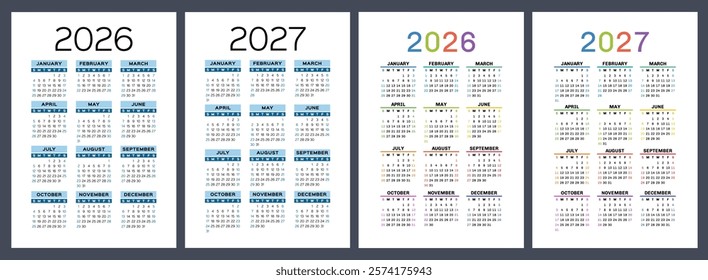 2026 and 2027 calendar set. Vector pocket calender design. Week starts on Sunday. January, February, March, April, May, June, July, August, September, October, November, December