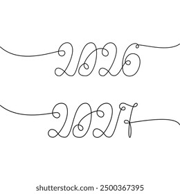 2026 2027 Hand drawn one continuous line calendar dates. Decorative lettering concept. Set of 2
