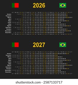 2026 2027 linear calendar, 12 months wall or desk planner with each month in row, vector template, portuguese month names, black background whole year office timeline