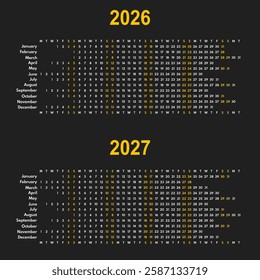2026 2027 linear calendar, 12 months wall or desk planner with each month in row, vector template, english month names, black background whole year office timeline