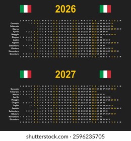 2026 2027 linear calendar, 12 months wall or desk planner with each month in row, vector template, italian month names, black background whole year office timeline