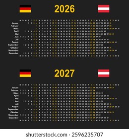 2026 2027 linear calendar, 12 months wall or desk planner with each month in row, vector template, germany month names, black background whole year office timeline