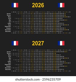 2026 2027 linear calendar, 12 months wall or desk planner with each month in row, vector template, french month names, black background whole year office timeline