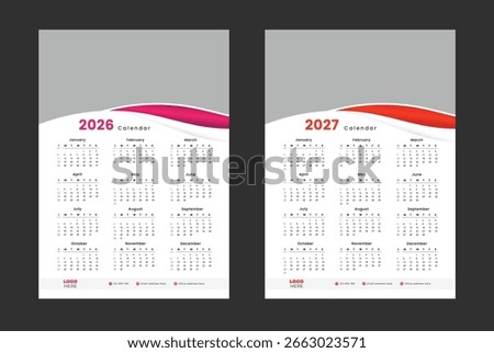 2026 2027 One page wall calendar design template, Minimalist style calendar, Week starts on Sunday.