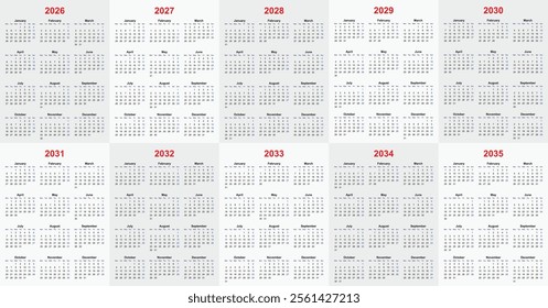 2026 2036 calendar collection vector calendar collection 10 years
