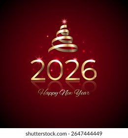 2026, 26 Happy New Year. Shiny golden 2026 with Christmas tree. New Year design for invitation, greeting card, calendar. Shiny gold logo, ribbon. Holiday greeting card. Party event decoration, vector