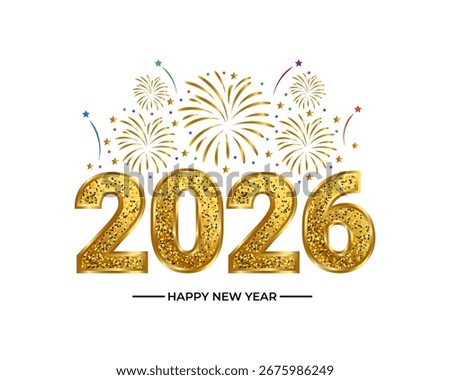 2026 3d golden glitter text illustration with golden fireworks happy new year greetings design