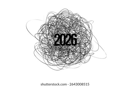 2026 Abstract Scribble Art with Grunge Chaos Lines and Bold Typography for Modern Poster, Creative New Year Card, Edgy Graphic Design or Minimalist Calendar Concept. Vector Illustration.