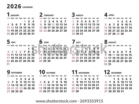 2026 Annual Calendar
Simple Horizontal