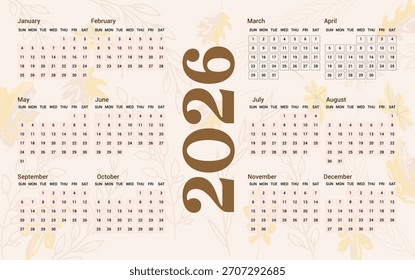 2026 Annual Calendar with Subtle Leafy Accents