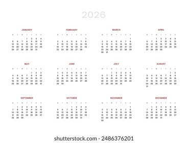 Plantilla del Calendario Anual 2026. Vector de un calendario simple de pared o escritorio con inicio de semana el lunes. Página para tamaño A4 o 21x29,7