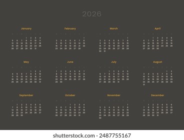 2026 Annual Calendar template. Vector layout of a wall or desk simple calendar with week start Monday. Page for size A4 or 21x29.7 cm in dark color