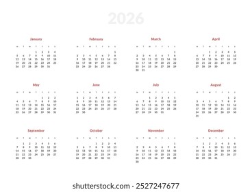 Modelo do calendário anual de 2026. Layout vetorial de uma parede ou mesa calendário simples com início de semana segunda-feira. Página para tamanho A4 ou 21x29,7