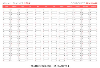 2026 Annual Planner Template, Clean Horizontal Calendar with Highlighted Weekends, Corporate Organizer for Office and Business, Editable Vector Design