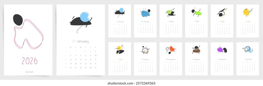 2026 Artistic Calendar Set with Minimal Abstract Illustrations, Monthly Design on Separate Pages, Modern and Creative Template, Printable and Editable