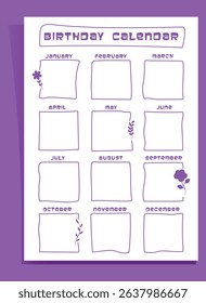 2026 Birthday Calendar - One Page Yearly Reminder Planner in Doodle Style,Vector Isolated Calendar