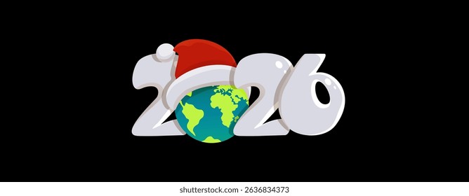 2026. Black rectangular background for 2026 New Year with a globe in Santa's hat. Numbers of the new year. Flat colorful number. Cartoon style. Clipart. Vector illustration. 