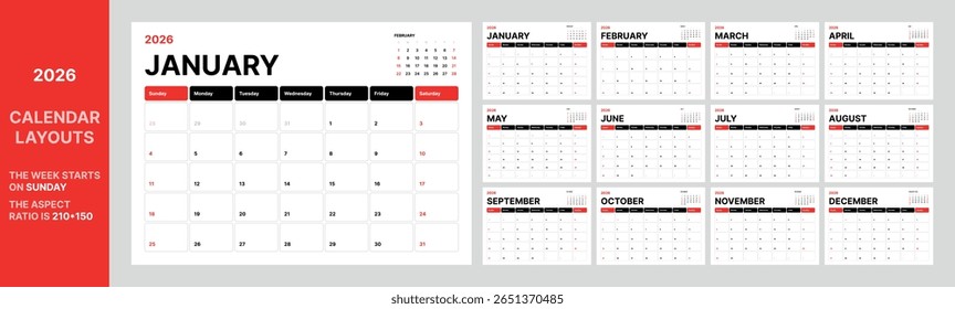 2026 black red calendar layout vector Sunday week start modern grid planner clean minimalist design full year view month blocks printable business format aspect ratio 210x150
