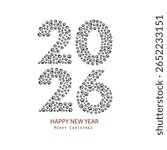 2026 black and white text with black paw doodle paw prints and stars. Happy new year and merry christmas greeting card