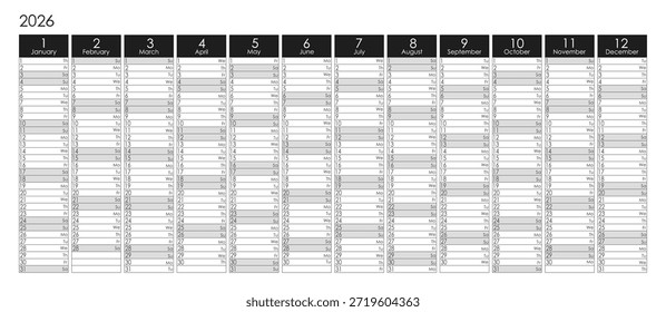 Planejador de ano preto e branco de 2026 com os números de meses. Design vetorial.