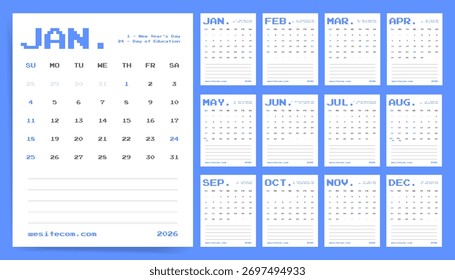 Plantilla del calendario Blue Pixel 2026. Planificador minimalista moderno con fuente digital y diseño de cuadrícula limpia.