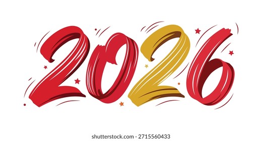 2026 Brush Stroke Red Gold Numbers Stars Dynamic Paint Vector Illustration Design