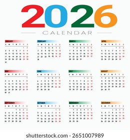 2026 Calendar with 12 month colorful vector Simple layout of pocket or wall colorful calendar vector