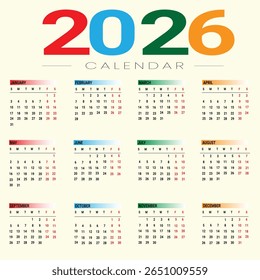 2026 Calendar with 12 month colorful vector Simple layout of pocket or wall colorful calendar