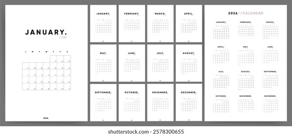 2026 Calendar, 12 Pages for Monthly Vector Calendar Templates for 2026 Year. Clean and Simple Graphic Design ready to print or edit. Wall Planner Calendar Organizer 2026.