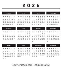 2026 Calendar with Boxes in Black and White Colors 4 Columns - German