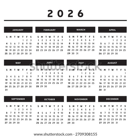 2026 Calendar with Boxes in Black and White Colors 4 Columns - English Vector