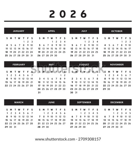 2026 Calendar with Boxes in Black and White Colors 4 Columns - English Vector