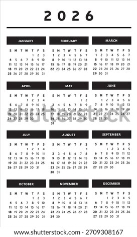 2026 Calendar with Boxes in Black and White Colors 3 Columns - English Vector