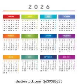 2026 Calendar with Boxes in Rainbow Colors 4 Columns - German