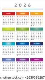 2026 Calendar with Boxes in Rainbow Colors 3 Columns - German