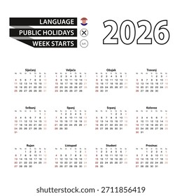 Calendario 2026 en idioma croata, la semana comienza el domingo. Ilustración vectorial.